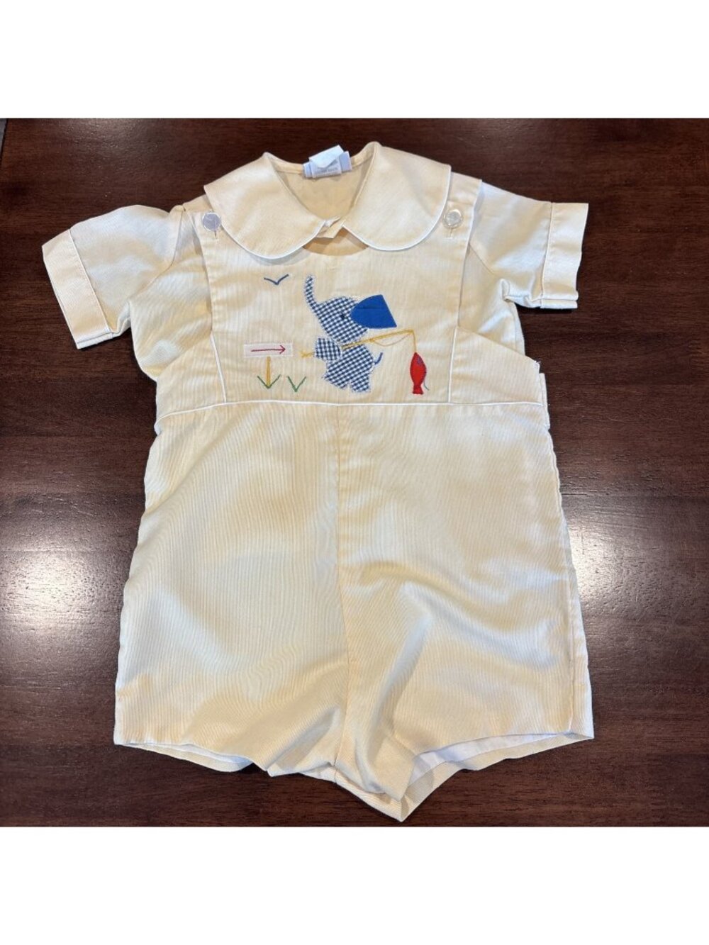 Vintage Baby Boys Jayne Copeland 2-pc Romper Pale Yellow Elephant Fishing 4 T